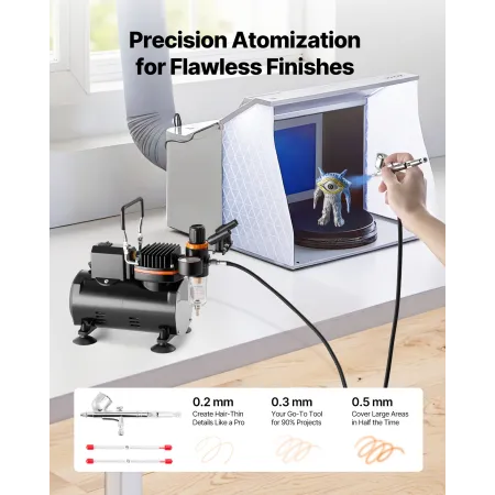 Airbrush Kit, 1/6 HP, Air Brush Kit with Air Compressor, 1 Dual-Action Professional Airbrush with 3 Tips, Hose, Holder, Cleaning