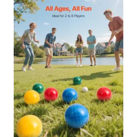 VEVOR boccia kuglesæt, 100 mm, med 8 harpiksbolde, Pallino, bæretaske og målereb, rød/grøn/blå/gul 4 farver, for