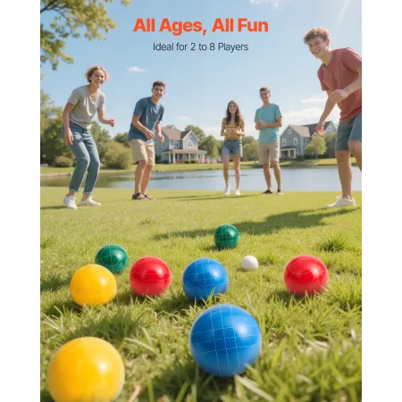 VEVOR Bocce Ball Set, 100 mm, with 8 Resin Balls, Pallino, Carrying Bag and Measuring Rope, Red/Green/Blue/Yellow 4 Colors, for 