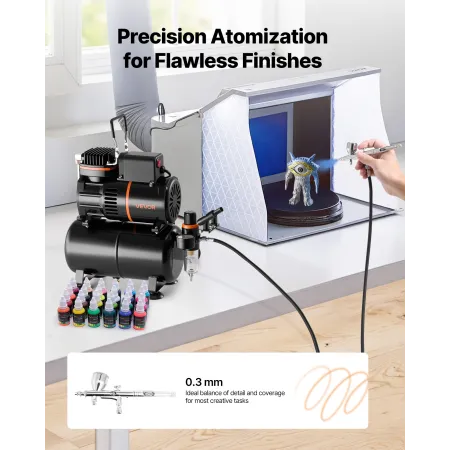 VEVOR Airbrush Kit, 1/6 HP, Air Brush Kit med luftkompressor og tank, 1 Dual-Action Professional Airbrush med 1 spids, slange,