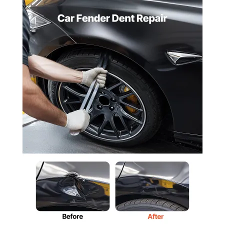 Dent Puller Kit, Paintless Car Dent Removal Tool, Auto Fender Damage Repair Puller Lifter with Curved Rod, Crowbar, Rubber Hamme