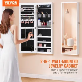 Mirror Jewelry Cabinet, 42.52-Inch Tall Lockable Jewelry Cabinet Armoire with Full-Length Mirror, Wall or Door Mounted Jewelry M