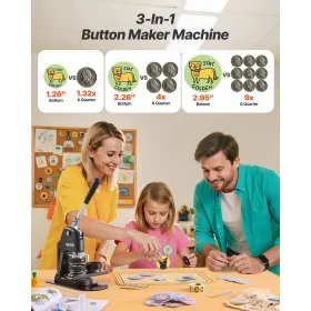 Button Maker Machine, 32/58/75 mm 3-in-1, Plastic Pin Maker with 300pcs Button Parts, Circle Cutter and Magic Book, Reinforced E