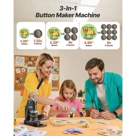 Button Maker Machine, 32/58/75 mm 3-i-1, Plastic Pin Maker med