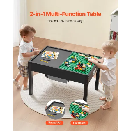 VEVOR Kids Wooden Activity Table, Building Blocks Double-Sided Tabletop, Multi-Purpose Activity Play Table with 2 Storage Bins f