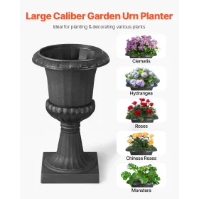 Plastic Urn Planters, 25 x 42 cm, 2 Pack Black Classic Flower Pots Front Porch Planters, Indoor & Outdoor Vase for Wedding, Part