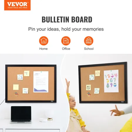 Cork Board, 36x24 inches Bulletin Board with MDF Sticker Frame, Vision Board Includes 10 Pushpins, for Display and Decoration in