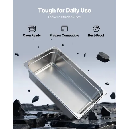 VEVOR Stainless Steam Hotel Pan, Full Size x 145mm Deep, 20.5L Table Steam Pan, Anti Jam Restaurant Supplies Reusable Rustproof 