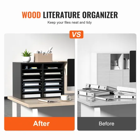 Wood Literature Organizer, 12 Compartments, File Sorter with Removable Shelves, Mailboxes Slot for Office Home Classroom Mailroo