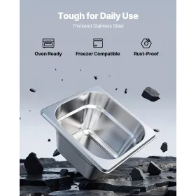VEVOR Rustfri Steam Hotel Pans, 1/6 Størrelse x 100 mm Dyb, 1,7 L Bord Damp Pan, Anti Jam Restaurant Supplies Genanvendelig
