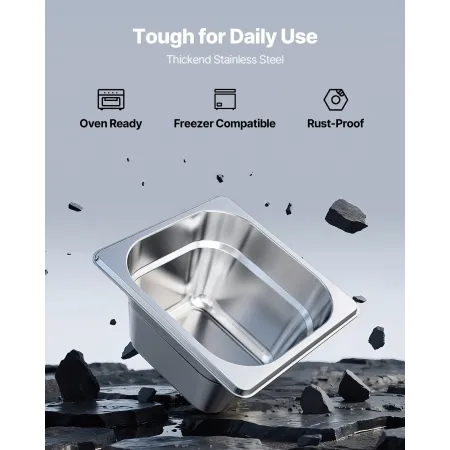 VEVOR Rustfri Steam Hotel Pans, 1/6 Størrelse x 100 mm Dyb, 1,7 L Bord Damp Pan, Anti Jam Restaurant Supplies Genanvendelig