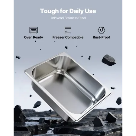 VEVOR Rustfri Steam Hotel Pans, 1/2 Størrelse x 98 mm Dyb, 6L Bord Damp Pan, Anti Jam Restaurant Supplies Genanvendelig