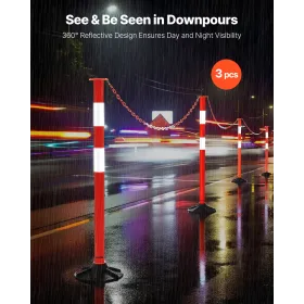 3 Pack Traffic Delineator Posts, 871 mm Traffic Safety Cones with Weighted Base, Reflective Strips and Chain, Heavy Duty Delinea