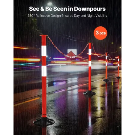 VEVOR 3 Pack Traffic Delineator Posts, 871 mm Traffic Safety Cones with Weighted Base, Reflective Strips and Chain, Heavy Duty D