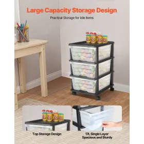 Plastic Storage Drawers Cart, 3 Drawers Storage Organizer with Wheels, Rolling Closet Organization and Storage Dividers, Dresser