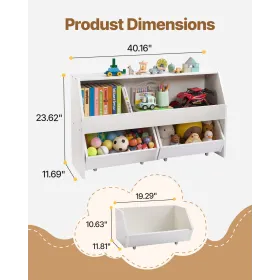 Toy Storage Organizer, Wooden Kids Bookshelf with Storage, Toy Storage Cabinet with 2 Mobile Drawers, Kids Storage Organizer for