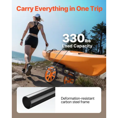Kayak Cart, 149.7 kg Load Capacity, Canoe Cart Dolly with 38.1 cm Solid Rubber Tires & Kickstand, Assembles & Disassembles Withi