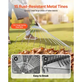 Leaf Rake, 15 Metal Tines, Adjustable Garden Rake for Lawns with 19-57 cm Wide Head and 81.3-160 cm Long Handle, Heavy Duty Stai