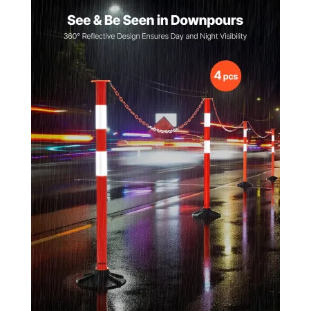 VEVOR 4 Pack Traffic Delineator Posts, 871 mm Traffic Safety Cones with Weighted Base, Reflective Strips and Chain, Heavy Duty D