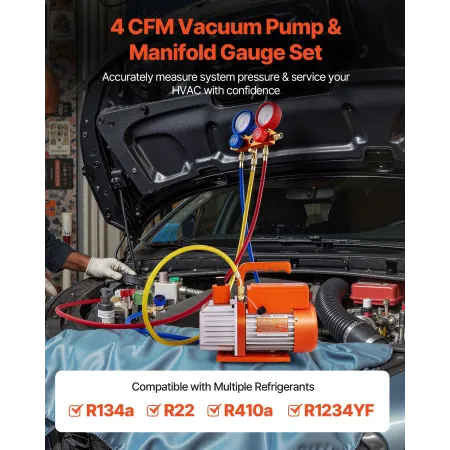 VEVOR 115 L/min AC Vacuum Pump and Gauge Set, Single Stage, Rotary Vane HVAC Air Vacuum Pump, A/C Refrigerant Manifold Gauge Kit
