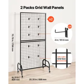 VEVOR 2 Packs Grid Wall Panels, 898 x 1798 mm Wire Grid Panels Display Rack, Movable Art Display Shelf with Wheels & 10 Hooks, B
