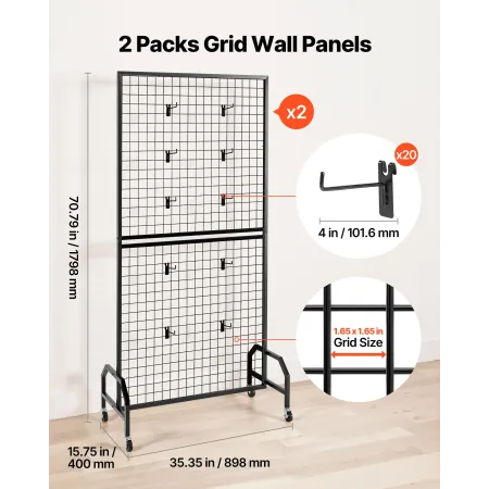 2 Packs Grid Wall Panels, 898 x 1798 mm Wire Grid Panels Display Rack, Movable Art Display Shelf with Wheels & 10 Hooks, Black C