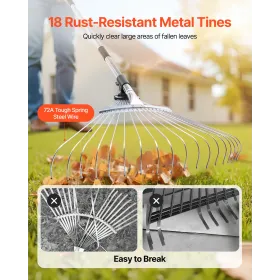 VEVOR-løvrive, 18 metaltænder, justerbar haverive til græsplæner med 19,5-43,5 cm bredt hoved og 82-141 cm langt håndtag,