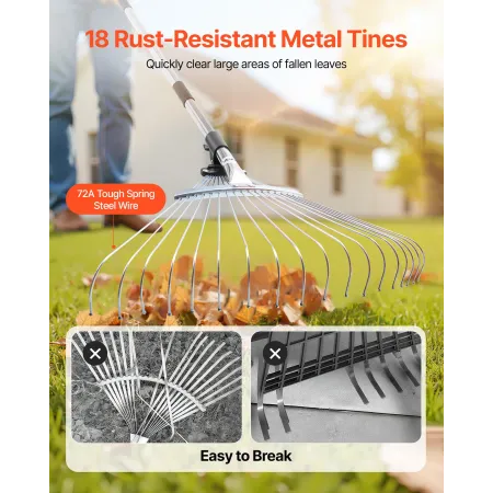 VEVOR Leaf Rake, 18 Metal Tines, Adjustable Garden Rake for Lawns with 19.5-43.5 cm Wide Head & 82-141 cm Long Handle, Heavy Dut