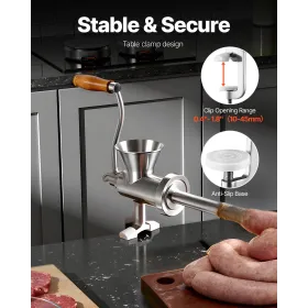 Manual Meat Grinder, 304 Stainless Steel Hand Crank Meat Mincer with Steel Table Clamp, Sausage Stuffer with 2 Cutting Plates & 
