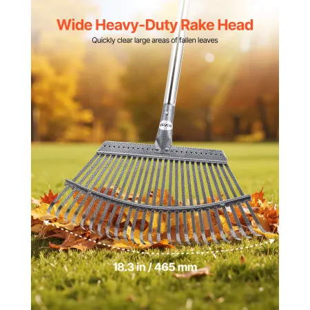 Leaf Rake, 25 Metal Tines, Adjustable Garden Rake for Lawns with 46.5 cm Wide Head and 92.5-185 cm Long Handle, Heavy Duty Stain
