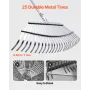 VEVOR Leaf Rake, 25 Metal Tines, Adjustable Garden Rake for Lawns with 46.5 cm Wide Head and 92.5-185 cm Long Handle, Heavy Duty