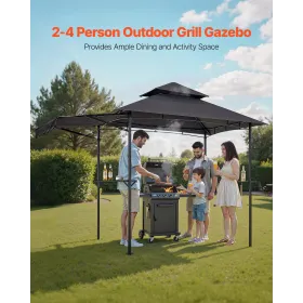 Grill Gazebo, 2.43 x 1.5 m Double-Tiered Top, BBQ Gazebo with Extra Awning, Powder-Coated Steel Patio Grill Shelter with 2 Side 