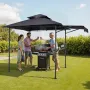 Grill Gazebo, 2.43 x 1.5 m Double-Tiered Top, BBQ Gazebo with Extra Awning, Powder-Coated Steel Patio Grill Shelter with 2 Side 