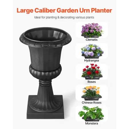 Plastic Urn Planters, 40 x 67 cm, 2 Pack Black Classic Flower Pots Front Porch Planters, Indoor & Outdoor Vase for Wedding, Part