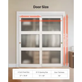Sliding Closet Door, 1829mm (Double 940mm) x 2032 mm, 3-Lite Frosted Glass Bypass Sliding Doors with Hardware Kit, Solid Wood & 