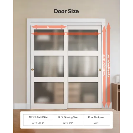 VEVOR skabsskydedør, 1829 mm (dobbelt 940 mm) x 2032 mm, 3-lite bypass-skydedøre af frostet glas med hardwaresæt, massivt B