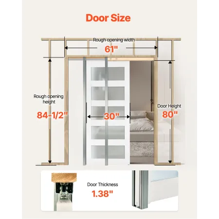 VEVOR skydelommedør, 765 x 2035 mm, 5-Lite enkelt skydedør i frostet glas med hardwaresæt, robust massivt træ og MDF Po