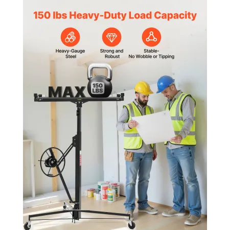 VEVOR 3353mm Drywall Lift, Heavy-Duty 68 kg Sheetrock Hoist with Adjustable Telescoping Arm, Lockable Wheels, Drywall Lifter Pan