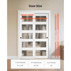 Sliding Closet Door, 1219mm (Double 635mm) x 2032 mm, 5-Lite Frosted Glass Bypass Sliding Doors with Hardware Kit, Solid Wood & 