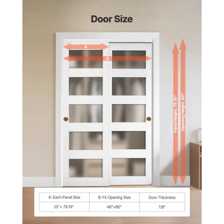 Sliding Closet Door, 1219mm (Double 635mm) x 2032 mm, 5-Lite Frosted Glass Bypass Sliding Doors with Hardware Kit, Solid Wood & 