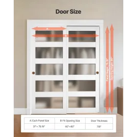 VEVOR Sliding Closet Door, 1524mm (Double 787mm) x 2032 mm, 5-Lite Frosted Glass Bypass Sliding Doors with Hardware Kit, Solid W