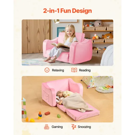 2-in-1 Kids Sofa, Foldable Toddler Soft Couch with Armrests, Made of 28D Sponge & Short Pile, Convertible Toddler Chair to Loung