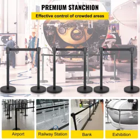 Crowd Control Stanchion, Set of 6 Pieces Stanchion Set, Stanchion Set with 6.6 ft/2 m Black Retractable Belt, Black Crowd Contro