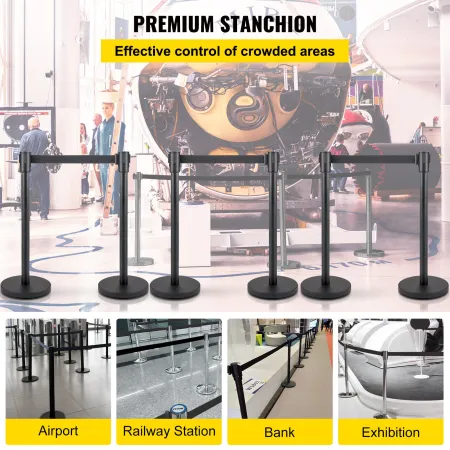 Crowd Control Stanchion, Set of 6 Pieces Stanchion Set, Stanchion Set with 6.6 ft/2 m Black Retractable Belt, Black Crowd Contro