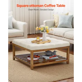 Large Square Ottoman Coffee Table, 87.5 cm Tufted Coffee Table with Solid Wood Shelf Storage, Linen Solid Upholstered Footrest O