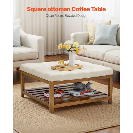 VEVOR Large Square Ottoman Coffee Table, 87.5 cm Tufted Coffee Table with Solid Wood Shelf Storage, Linen Solid Upholstered Foot