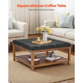 Large Square Ottoman Coffee Table, 34.5 Inch Tufted Coffee Table with Solid Wood Shelf Storage, Linen Solid Upholstered Footrest