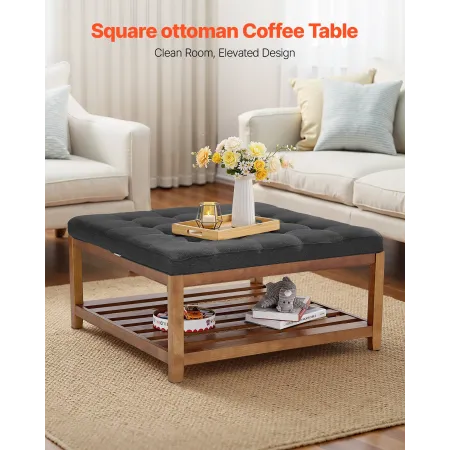 VEVOR stort firkantet osmannisk sofabord, 34,5 tommer tuftet sofabord med hyldeopbevaring i massivt træ, solidt polstret hør