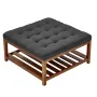 Large Square Ottoman Coffee Table, 34.5 Inch Tufted Coffee Table with Solid Wood Shelf Storage, Linen Solid Upholstered Footrest