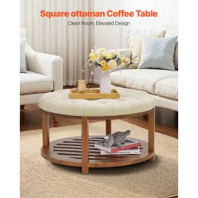 VEVOR stort rundt osmannisk sofabord, 81 cm tuftet sofabord med hyldeopbevaring i massivt træ, solide polstrede fødder i hør